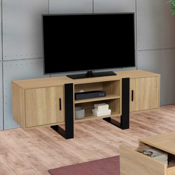 IDMarket - Meuble TV 140 cm Phoenix 2 Portes Bois et Noir – Image 2