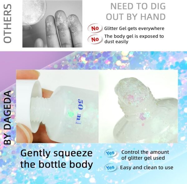 Prreal Body Glitter Gel 50ml, Paillettes de visage, Body Gel paillettes Shimmer liquide fard à paupières, Paillettes Chunky Holographique Laser poudre Festival Glitter(06 blanche) – Image 7