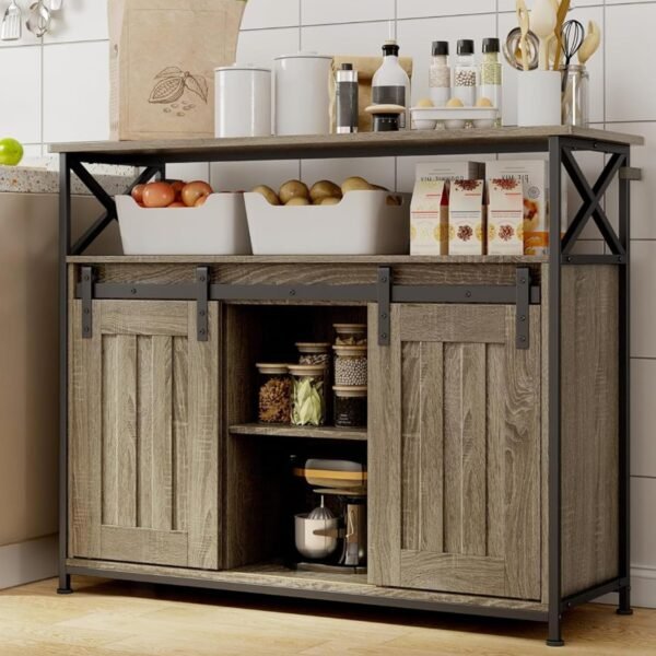 Blishom Buffet de Cuisine avec 2 Portes Coulissantes - Armoire de Rangement avec Étagères Réglables, 100 x 33 x 80 cm, pour Salon, Cuisine et Couloir, Gris