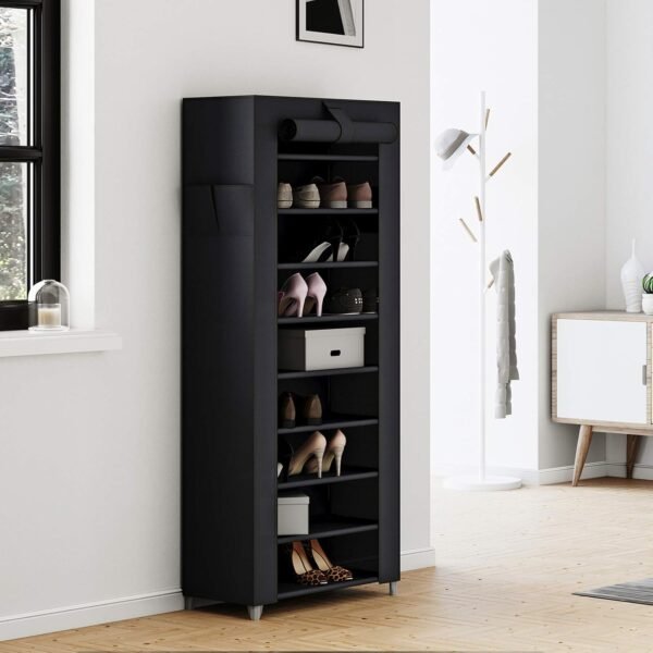 SONGMICS Étagère à Chaussures en Tissu à 10 Niveaux, Meuble de Rangement 28 x 58 x 160 cm, avec Housse de Protection, Chaussures de Sport, Talons Hauts, Pantoufles, Cadre en Métal, Noir RXJ10H – Image 4