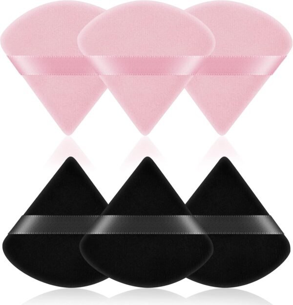 AUAUY 6 Pièces Houpette Maquillage, Bouffées de Maquillage Triangle, Houpette en Coton Réutilisable pour Femme Filles Visage Maquillage, Outil de Maquillage Poudre Minérale Sec Humide (Noir,Rose)