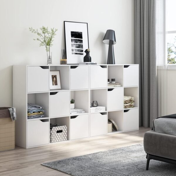 FirFurd Bibliothèque Blanc avec 9 Compartiments Étagère avec 5 Portes Meuble de Rangement en Bois Bibliotheque 3 Niveaux pour Salon Chambre 90x29x90cm – Image 5