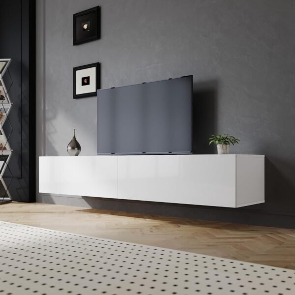 SIRHONA Meuble TV Blanc, Meuble Tele Peut être Suspendu ou Posé au Sol, 2 Placards avec Portes, Super Espace de Rangement, 180x40x30cm, Convient pour Salon ou Chambre