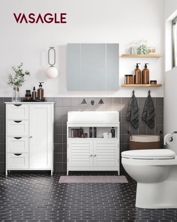VASAGLE Meuble Salle de Bain Rangement, Armoire Gain de Place, Commode, avec 4 Tiroirs, Placard avec Porte, Étagère Réglable, 30 x 55 x 82 cm, Blanc Nuage LHC41W – Image 2