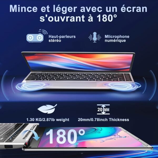 NOTODD Ordinateur Portable 14 Pouces Win11 Pro 6 Go RAM+256 Go Soutien Extension SSD 1TB(TF 1TB) 5000mAh PC Portable Celeron N4020 Laptop avec 1080P Mini HDMI Souris sans Fil & AZERTY Membrane-Argent – Image 3