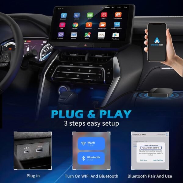 MEETOWN Adaptateur sans Fil pour Android Auto, Transforme Android Auto Filaire en sans Fil, Plug and Play avec USB-A & USB-C, Compatible avec Android 10+ – Image 6