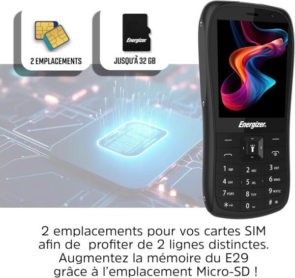 Energizer E29 – Téléphone Portable Débloqué 2G à Clavier Physique – Double SIM, Écran 2,8", Batterie 1700 mAh – Compatible Carte MicroSD – Modèle Senior Robuste – Noir – Image 3