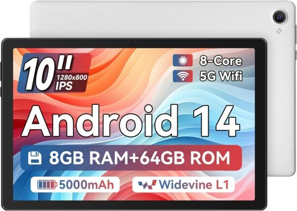 Ainmel Tablette 10 Pouces, Android 14 Tablette Processeur Octa-Core, 8GB+64GB(TF 1TB), 1280 x 800 HD IPS Wi-FI 6 /Widevine L1/5000mAh/Double Caméra/Identification Faciale Tablettes PC (Blanc)