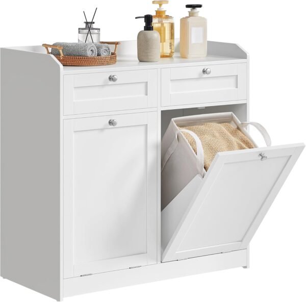 VASAGLE Meuble de Salle de Bain, Panier à Linge, Placard de Rangement, avec Sac Intérieur Amovible avec Poignées, 2 Tiroirs et 2 Paniers à Linge, 40 x 78,9 x 80,2 cm, Blanc Nuage BBC751W01