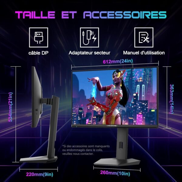 Minifire 27 Pouces QHD 300Hz Gaming Monitor 2K 2560 x 1440 1440P-1ms AMD FreeSync 丨DCI-P3 98% 丨HDR10 丨2×DP1.4丨2×HDMI丨Moniteur PC de Jeu Rotatif Vertical/Horizontal réglable en Hauteur（MFG27F6Q Pro） – Image 7