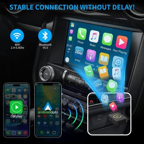 Adaptateur Sans Fil CarPlay & Android Auto, Mini Stick pour Convertir CarPlay/Android Auto Filaire en Sans Fil, Compatible avec Voitures Équipées de CarPlay & AA, USB C/A, Plug and Play, Stable – Image 2