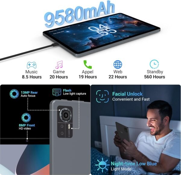 FASTWD Tablette 11 Pouces Android 14 Tablet,2025 Newest Tablette Con 4G LTE /5G WiFi,36GB RAM+256GB ROM,9580mAh,2000 * 1200 incell FHD,Widevine L3,GPS/BT5/Tablette avec étui,Gris – Image 5