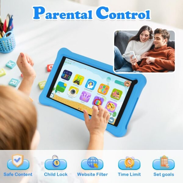 Tablette Enfants 7 Pouces Android 13 Tablette avec 8Go RAM 64Go ROM(TF 128Go), Applications Pré-Installé, Contrôle Parental, Bluetooth, WiFi, Tablette Tactile Éducative avec Kid-Proof Étui-Blue – Image 4
