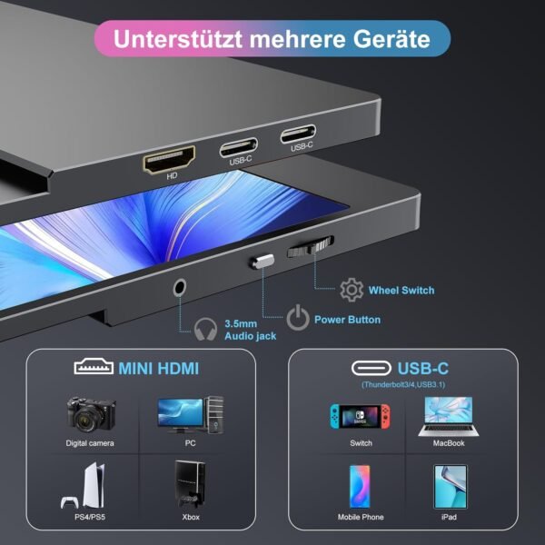 CUIUIC Ecran Portable 18,5 Pouces 120Hz, écran IPS Moniteur Portable HDR 1080P 100% sRGB, avec Mini HDMI et USB Type C, VESA, Deuxième écran pour Laptop/PS5/Xbox/Téléphone – Image 4