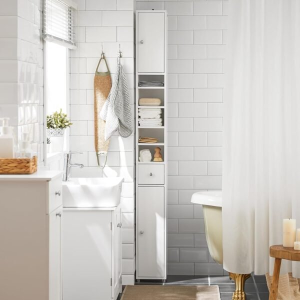 SoBuy Meuble Colonne Salle de Bain Étroite Anti-Humidité, Meuble de Rangement Vertical avec 4 Étagères Réglables + 1 Tiroir, Multifonction pour Salon,Chambre,Bureau, Blanc, 20x20x180cm, BZR34-W – Image 9