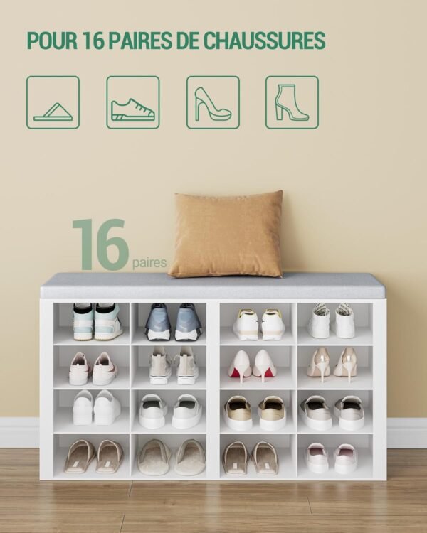 Hzuaneri Banc à Chaussures, Support à Chaussures avec Siège, Banc avec Rangement, Coussin, 16 Compartiments, pour Salon, Couloir, Chambre, Blanc-Gris SB25603GY – Image 5