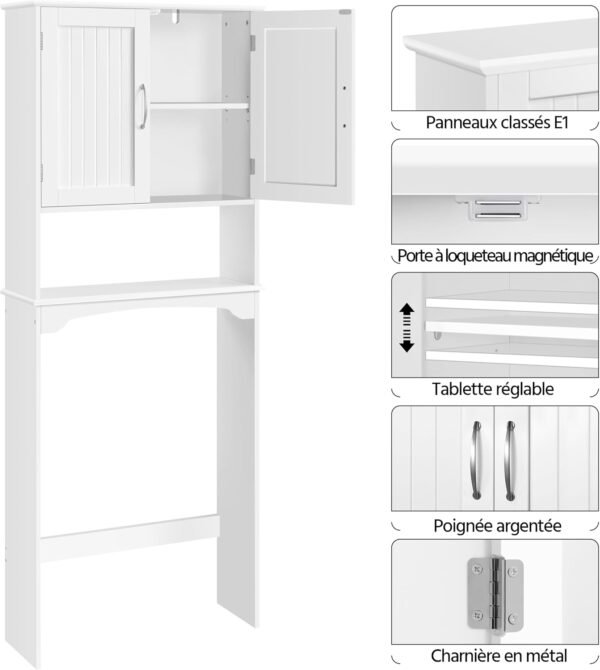 Yaheetech Meuble WC Dessus de Toilette/Machine à Laver, 75 x 23 x 180 cm, Armoire de Rangement de Salle de Bain avec 2 Étagères Réglables et 1 Compartiment Ouvert, Meuble Colonne sur Pied Blanc – Image 5