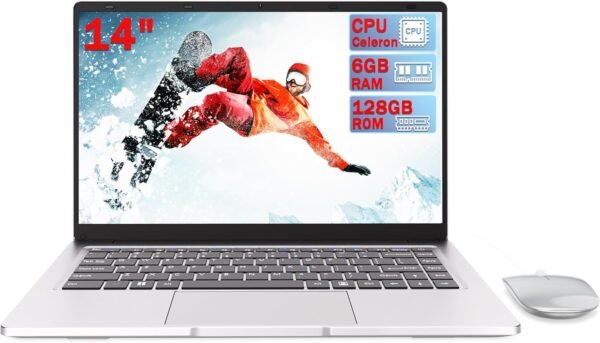 PINSTONE 14'' HD Ordinateur Portable (Celeron N4000, RAM 6 Go, 128 Go eMMC, UHD Graphics,), Clavier AZERTY, Couleur Argent
