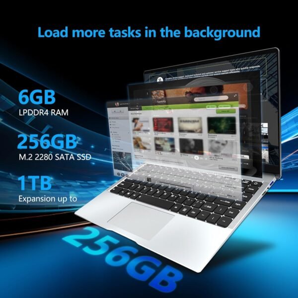 Ekonavi Ordinateur Portable 14,1 Pouces, Notebook Celeron N4000 SSD 256 Go RAM LPDDR4 6 Go, PC Portable écran FHD 180 °, Laptop avec Mini-HDMI, 2 * USB3.0 Ordinateur PC Mince et léger argenté – Image 3