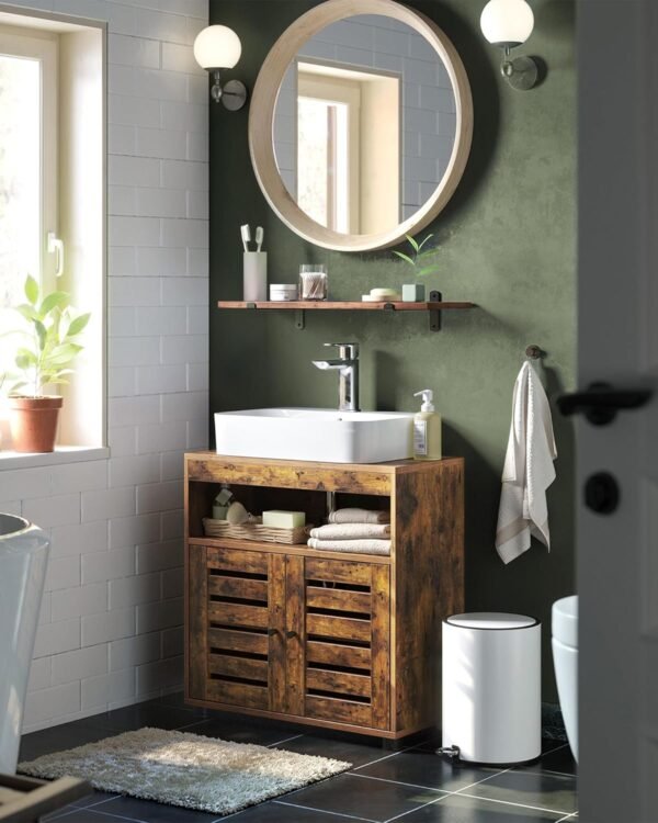 VASAGLE Meuble sous Lavabo, Meuble de Salle de Bain, Placard de Rangement, 30 x 60 x 64 cm, convient aux Lavabos sans Colonnes, avec 2 Portes Persiennes, Planche Réglable, Marron Rustique BBK04BX – Image 2