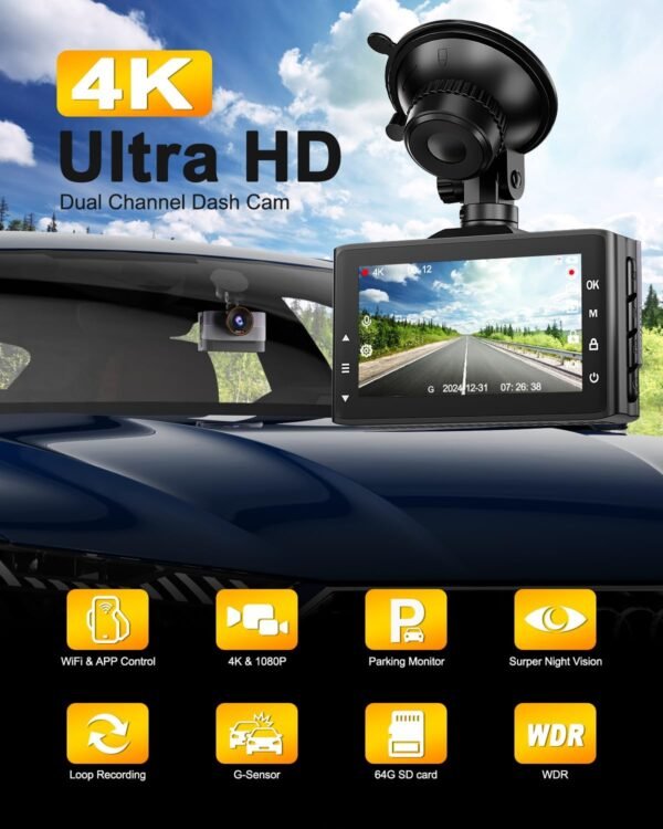 Zhiroad 4K Dashcam Voiture Avant Arrière,WiFi Camera Embarquée Voiture avec 3" IPS Écran,Carte SD 64G,Camera Voiture Grand Angle de 170°,G-Capteur,24H Mode Parking,Enregistrement en Boucle – Image 2