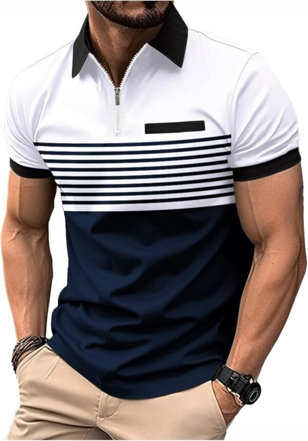 crazy bean Polo à Manches Courtes Homme col Zippé Tee Shirt Homme col V Rayé Polo Été Vetement avec Fausse Contrasté pour Travail Tennis Golf Casual Cadeau