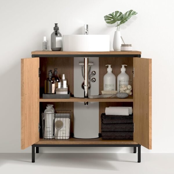 EUGAD Meuble sous Lavabo 60x30x60 cm, avec Cloison Réglable en Hauteur, Armoire sous Vasque, en Bois Artificiel Chêne Clair et en Métal Noir – Image 6