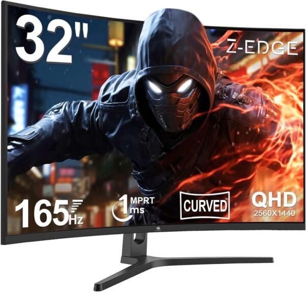 Z-Edge Écran PC Gamer Incurvé 32'' 2K QHD(2560x1440), 1ms, 165Hz, Moniteur Gaming 16:9, AMD FreeSync, Inclinaison Réglable, 1500R VA, 2×DP1.4 & 2×HDMI2.0, 3000:1, RGB, VESA 75*75mm(Câble HDMI Inclus)