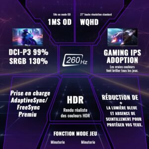 Alternative view of Minifire 27 Ecran PC Gamer,260Hz, Fast IPS Moniteur Gaming, QHD 2K 2560 x 1440p,1Ms, Écran Blanc, Freesync, 130% sRGB, HDR10, Faible lumière Bleue, VESA 100x100, 2×DP1.4/2×HDMI 2.0 - Noir