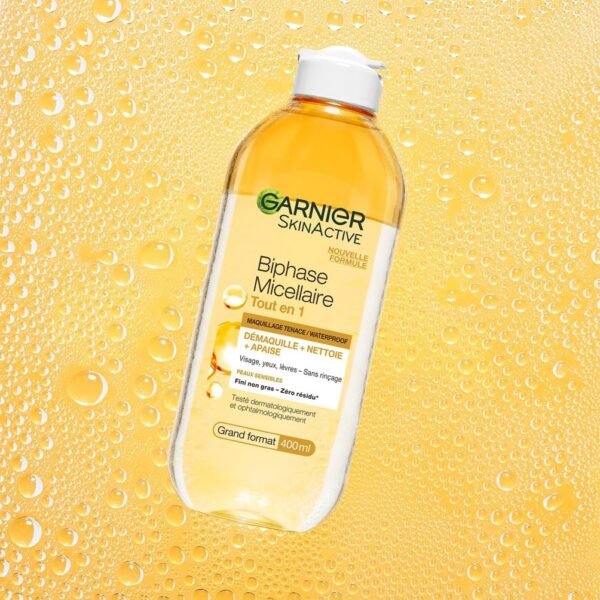 GARNIER Skin Active - Biphase Micellaire - Tout-en-1 - Nettoie, Démaquille & Apaise - Visage, Yeux, Lèvres - Enrichie En Micelles & Huiles - Vegan & Cruelty Free - Tous Types de Peaux - 400 ml – Image 5