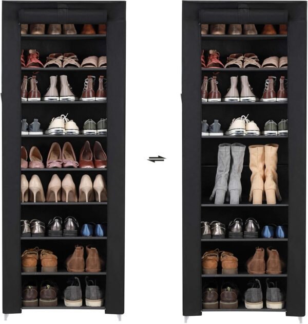 SONGMICS Étagère à Chaussures en Tissu à 10 Niveaux, Meuble de Rangement 28 x 58 x 160 cm, avec Housse de Protection, Chaussures de Sport, Talons Hauts, Pantoufles, Cadre en Métal, Noir RXJ10H – Image 5