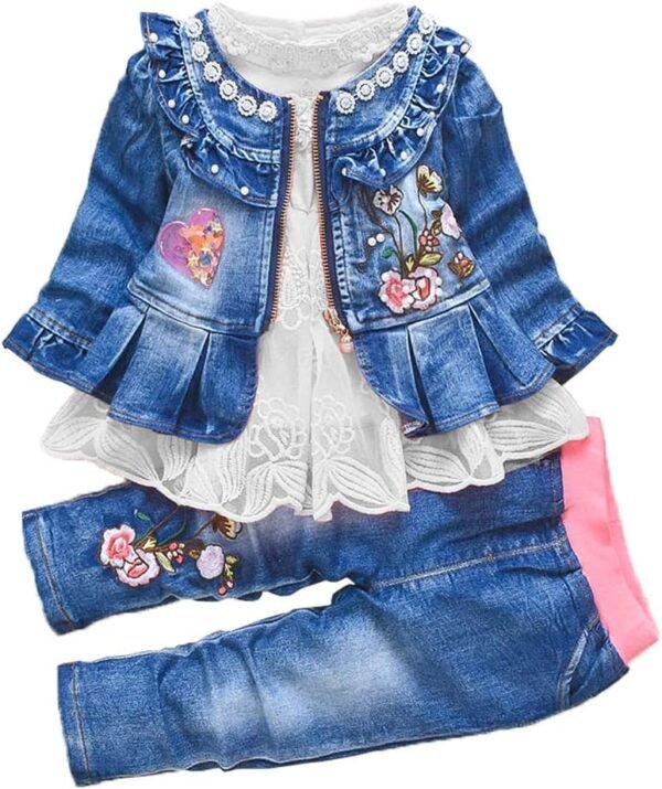 Peacolate Printemps automne bébé filles ensemble de vêtements 3 pièces T-Shirt à manches longues veste en jean et jean