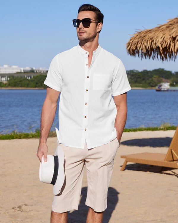 YAOBAOLE Chemise Lin Homme Manche Courte Boutons Col Mao Casual Chemise Été Leger Plage Classique Traditionnelle Unicolore – Image 4