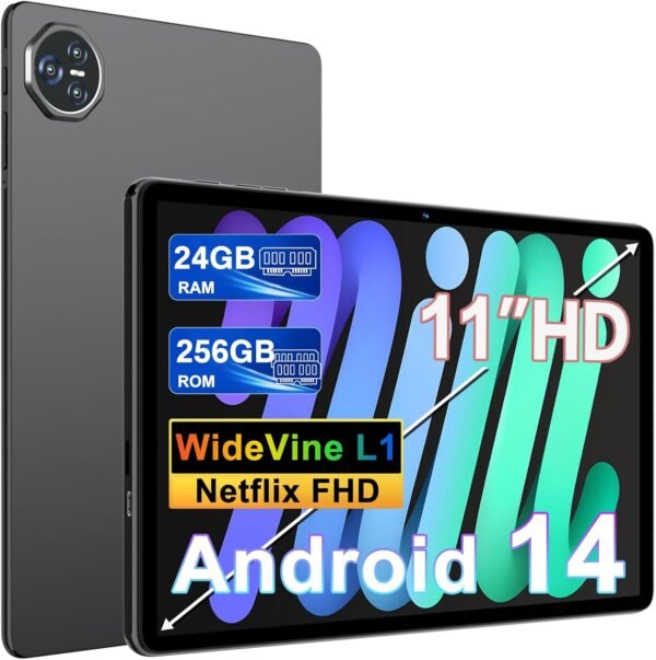 Tablette 11 Pouces Android 14, Tablet Tactile, 24Go + 256Go, TF 1TB Extensible, 8000 mAh, UFS 2.2 Flash | 13MP + 5MP | Face ID | Widevine L1 | GMS Certified | 8-Cores 2.0 GHz | GPS | BT5.0- Gris