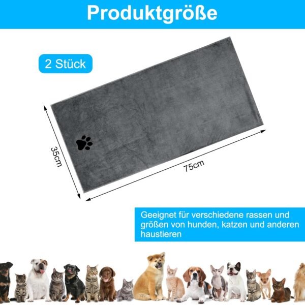 UOCAI Lot de 2 serviettes pour chien extra absorbantes - Accessoires pour chien - Foulard en microfibre - Séchage rapide - Pour chats, chiens ou autres animaux domestiques - 75 x 35 cm - Gris – Image 2