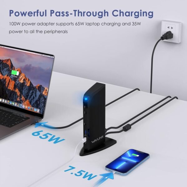 WAVLINK Station d'accueil 3 Monitors, USB C/USB 3.0 Universal Docking Station Displaylink, avec 4K HDMI, 2K HDMI, DVI, 100W PD, Gigabit Ethernet, USB 3.0, USB C Audio/Mic pour Mac Windows. – Image 5