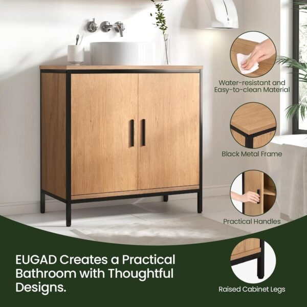 EUGAD Meuble sous Lavabo 60x30x60 cm, avec Cloison Réglable en Hauteur, Armoire sous Vasque, en Bois Artificiel Chêne Clair et en Métal Noir – Image 7
