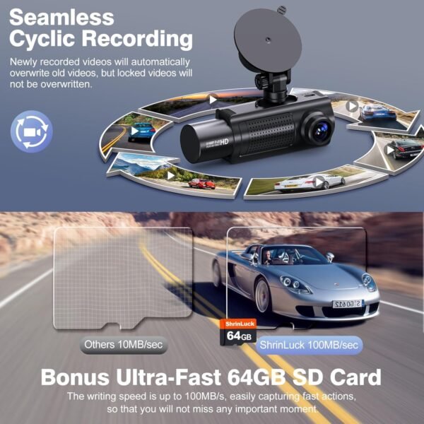 SHRINLUCK X5 4K WiFi Dashcam Voiture Avant Arrière Intérieur, Carte SD 64G, 2160P+1080P+1080P FHD 3 Canaux Dash Cam,Camera Voiture Triple 360° Tous Côtés,G-Capteur,WDR,Vision Nocturne,24H Mode Parking – Image 5