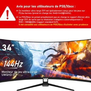Alternative view of Gawfolk Écran PC Ultra Large 34 Pouces 1500R incurvé 144Hz Gaming Computer Moniteur,21:9 UWQHD(3440x1440),Adaptive Sync，HDR，178 ° Angle Vue，DisplayPort、HDMI，VESA 75 * 75MM-Noir