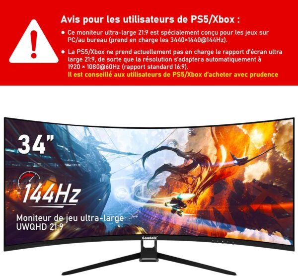 Gawfolk Écran PC Ultra Large 34 Pouces 1500R incurvé 144Hz Gaming Computer Moniteur,21:9 UWQHD(3440x1440),Adaptive Sync，HDR，178 ° Angle Vue，DisplayPort、HDMI，VESA 75 * 75MM-Noir – Image 2