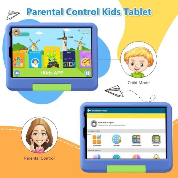Tablette Enfants 8 Pouces 6Go RAM + 128Go ROM (TF 1To) Android 13 GMS Certified, Logiciel Enfant Pré-Installé, Éducative, Contrôle Parental,WiFi,4000mAh, Tablette Tactile avec Kid-Proof Étui -Bleu – Image 7