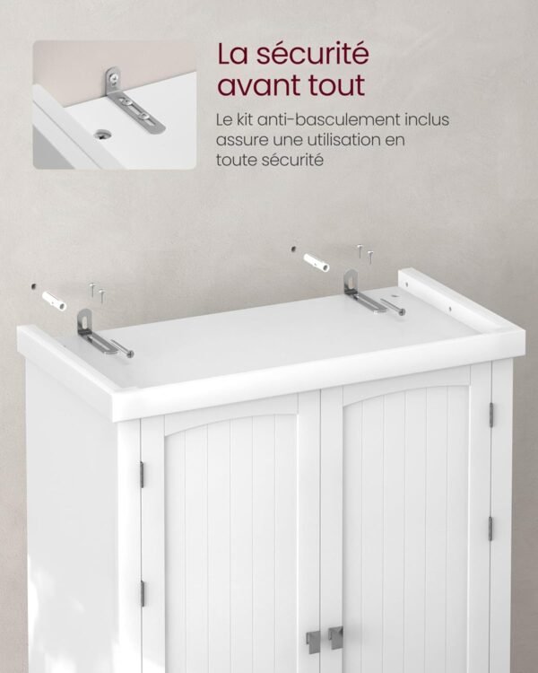 VASAGLE Buffet Haut Cuisine, Meuble de Rangement, Armoire, Vaisselier, Hauteur 182,1 cm, avec Tiroir, Placards, Étagères Réglables, pour Salon, Cuisine, Blanc BBC561W21 – Image 9