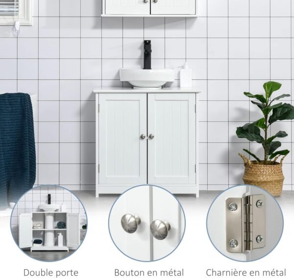 kleankin Meuble Salle de Bain sous lavabo - Meuble sous-Vasque - Placard 2 Portes avec étagère - dim. 60L x 30l x 60H cm - en Bois Blanc – Image 7
