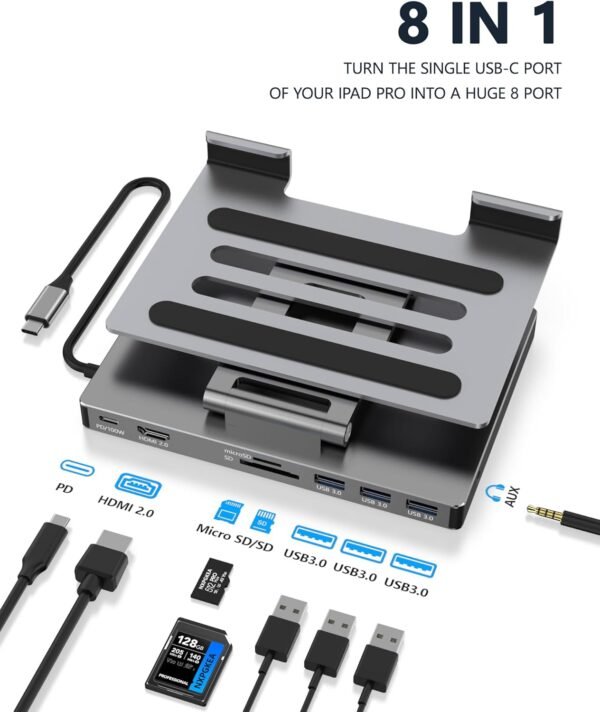 Support de hub USB C pour iPad Pro M4 M2 M1 13 12,9 11" iPad Air Station d'accueil pliable avec HDMI 4K 60 Hz, charge PD, lecteur de carte SD/TF, 3 USB 3.0, audio 3,5 mm, accessoires pour station