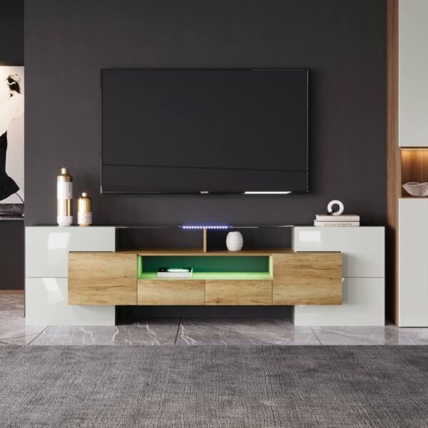 Sweiko Meuble TV bas avec éclairage LED, commode avec beaucoup d'espace de rangement, forme unique avec surfaces en verre, design moderne (blanc brillant et couleur bois) – Image 7