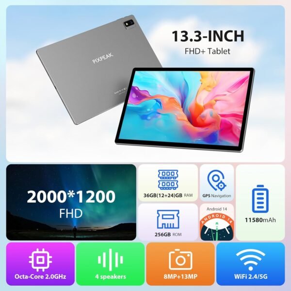 PIXPEAK 2K Tablette 13,3 Pouces, Android 14.0, INCELL 2000 * 1200, 11580mAh/20w, 36GB RAM, 256GB ROM (SD Extensible), 5G WiFi Octa-Core, 13MP+8MP, Tablette avec Clavier ect, Grau (Gris) – Image 2