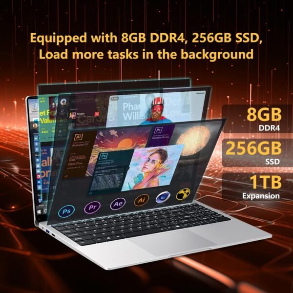 Ordinateur Portable 15,6 pouces Celeron N4000, PC Portable 8 Go RAM LPDDR4 SSD 256 Go Full HD 1920 x 1080, Laptop avec USB 3.0, Wi-Fi, mini HDMI, Bluetooth 4.2, prise en charge de l'extension SSD 1 To – Image 5