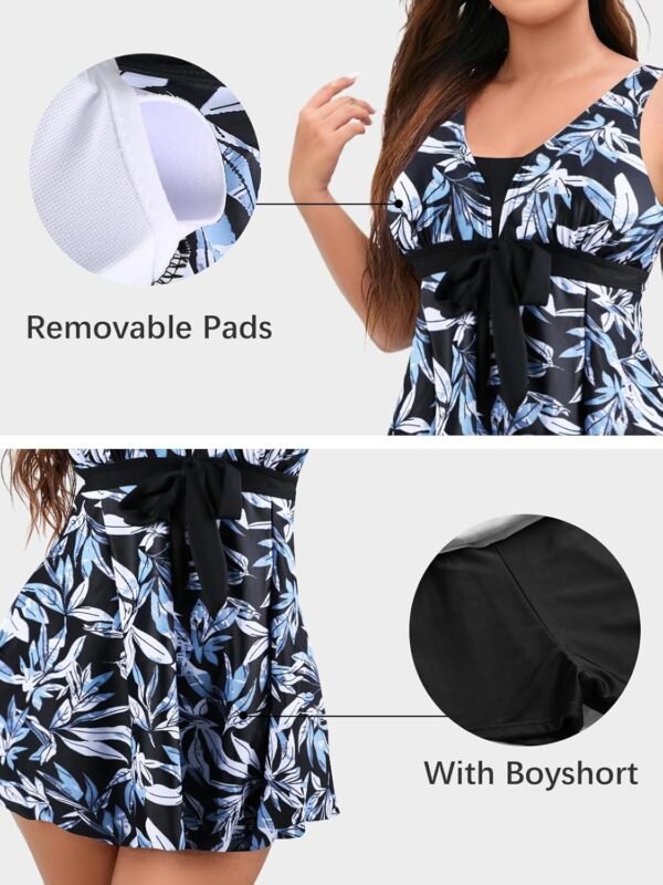 Ecupper Maillot de Bain Une Pieces pour Femme Rétro Jupe avec Volantée Contrôle du Ventre Push Up Col en V – Image 4