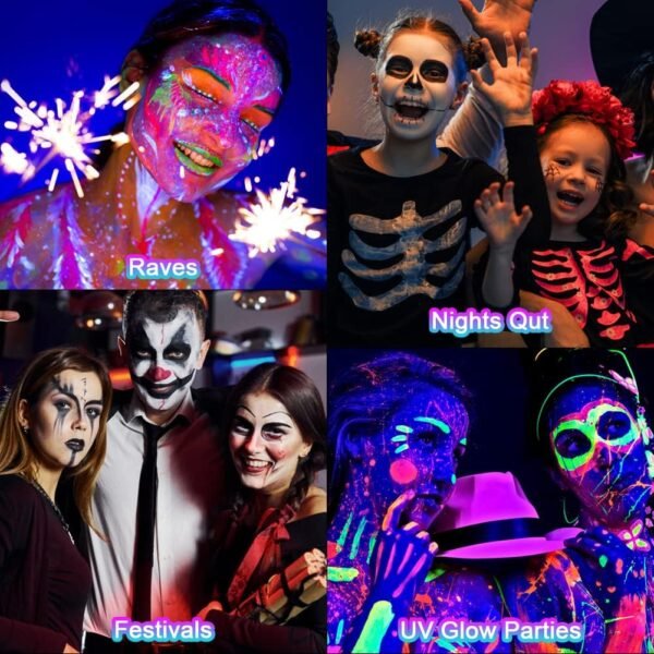 AOOWU Peinture Fluorescents UV, 6 Crayons De Peinture UV Néon Pour Le Visage Et Le Corps, Lavables Non Toxiques Bâton de Peinture au Néon UV, Pour Festival, Mardi Gras, Halloween, Maquillage – Image 6