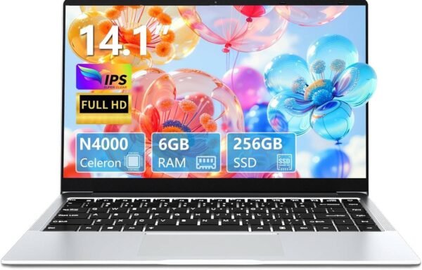 Ordinateur Portable Celeron N4000, PC Portable 14,1 Pouces, Carte Graphique UHD 600, 6Go RAM, 256Go SSD (Développer to 1TB), Laptop Win11/5000 mAh/Carte TF/Wi-FI 5/BT5.0/HDMI